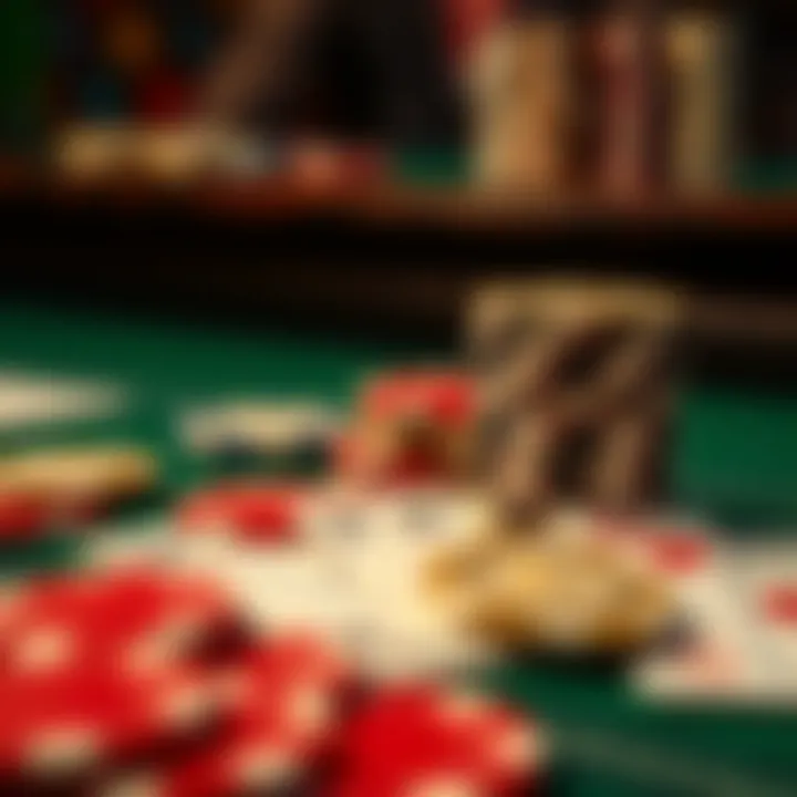 Close-up of chips and cards used in baccarat