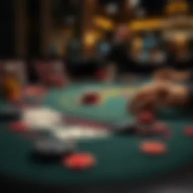 Close-up of a blackjack table with cards and chips laid out
