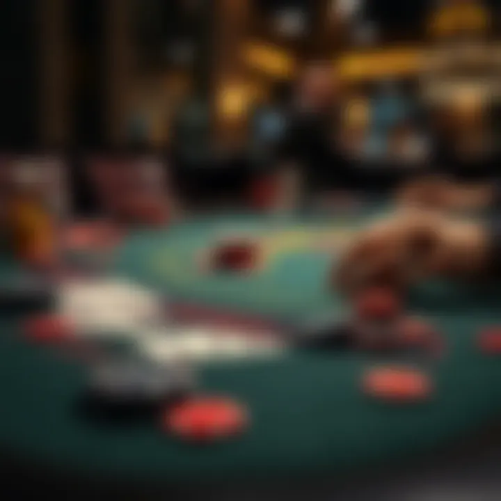 Close-up of a blackjack table with cards and chips laid out