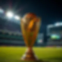 Cricket World Cup trophy shining under stadium lights