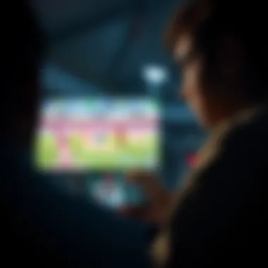 A close-up of a user engrossed in a cricket game on a digital device, highlighting the immersive experience