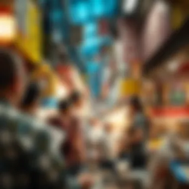An intricate market scene in Hong Kong, highlighting the rich cultural exchanges and diverse cuisines.