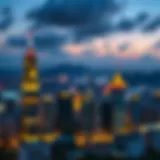 A breathtaking skyline of Hong Kong at dusk, showcasing its modern architecture and vibrant lights.