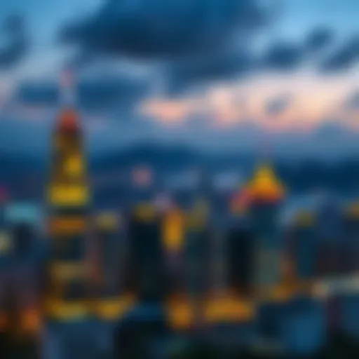 A breathtaking skyline of Hong Kong at dusk, showcasing its modern architecture and vibrant lights.